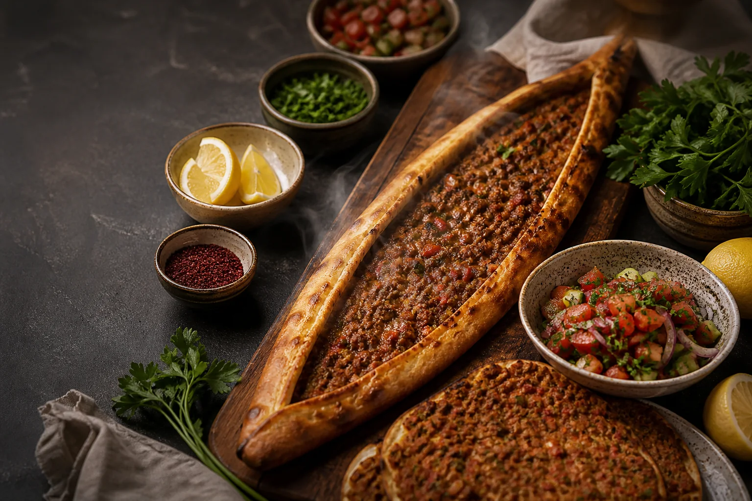 Fresh pide, lahmacun, pizza and salads on a shared table