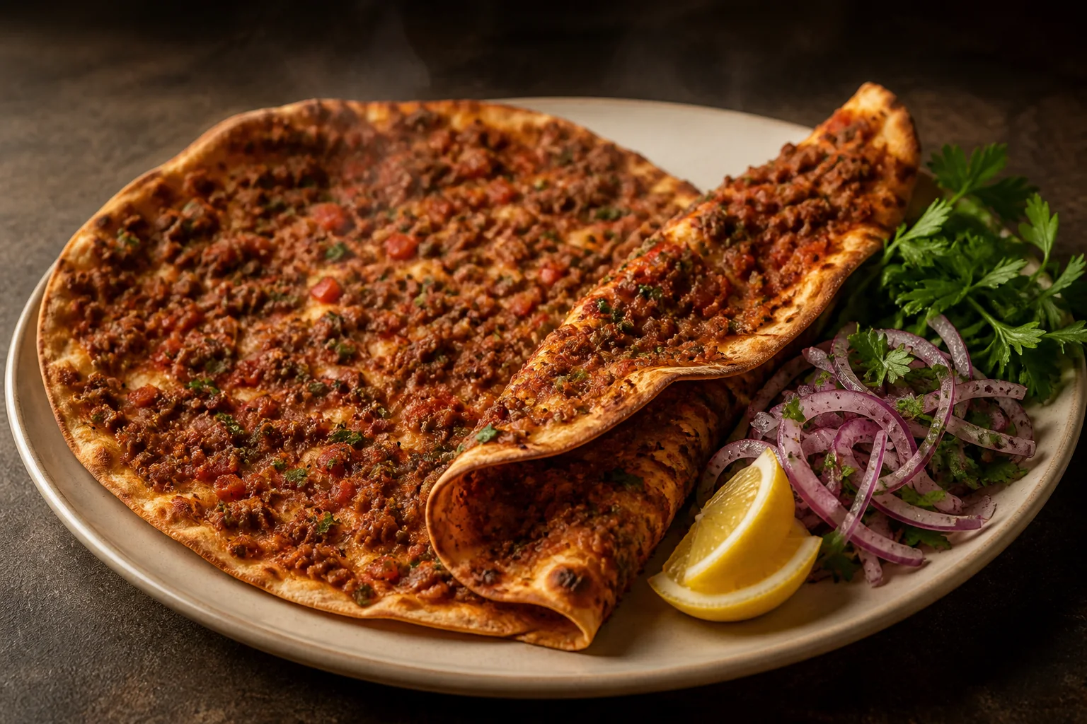 Crisp Turkish lahmacun with lemon and herbs