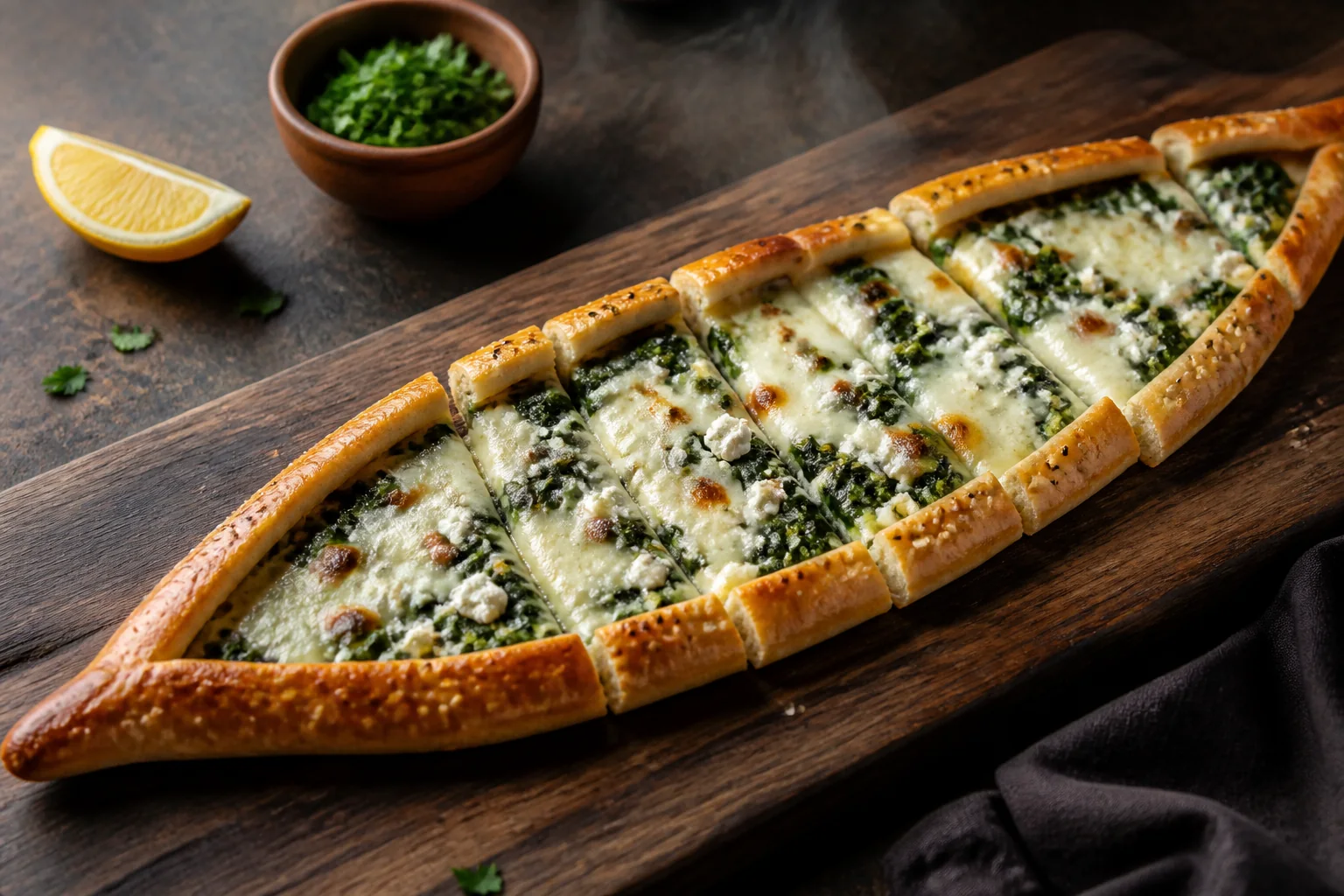 Oven-baked spinach and cheese Turkish pide